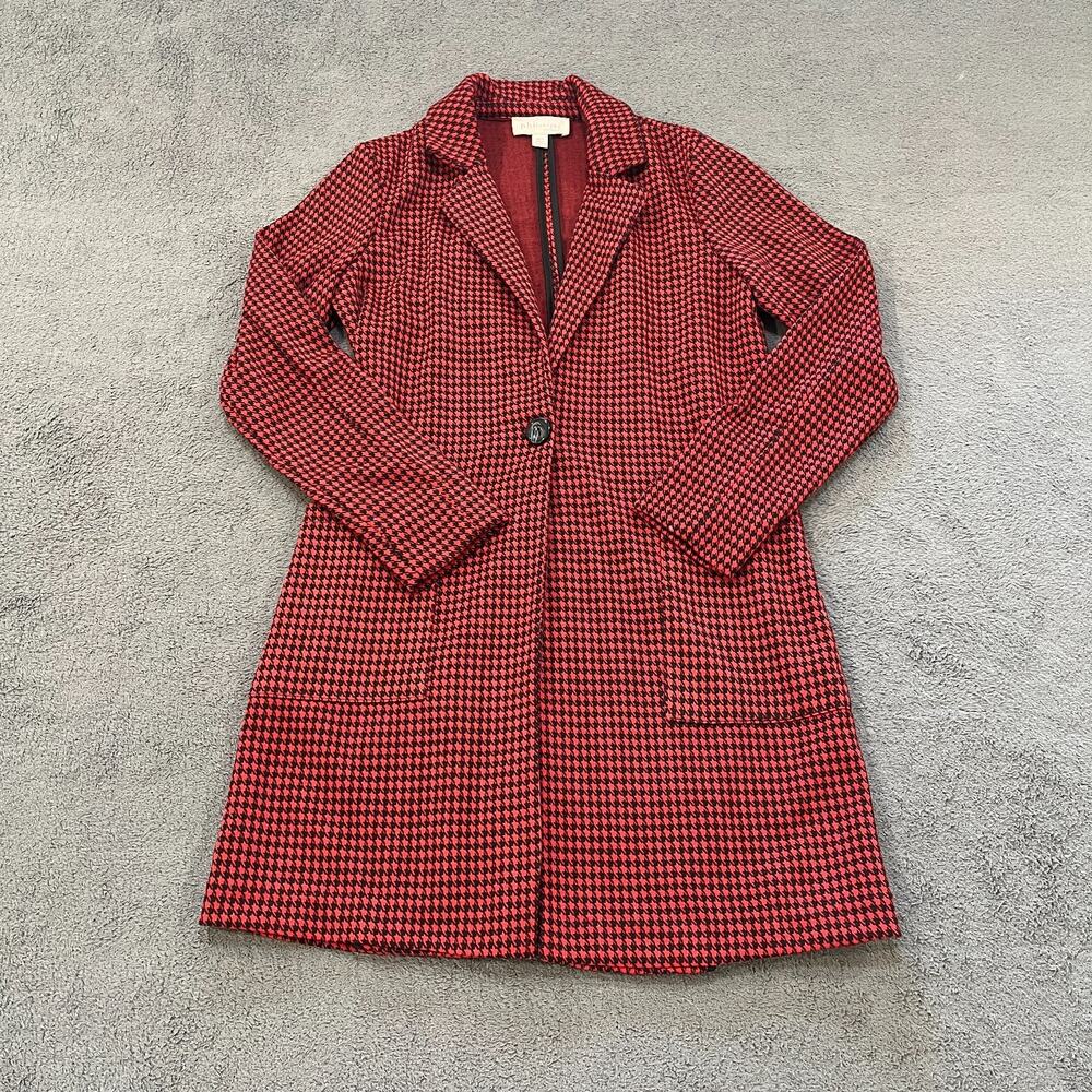 Philosophy Red Black Open Front Long Jacket Houndstooth Blazer Women's Size XS
